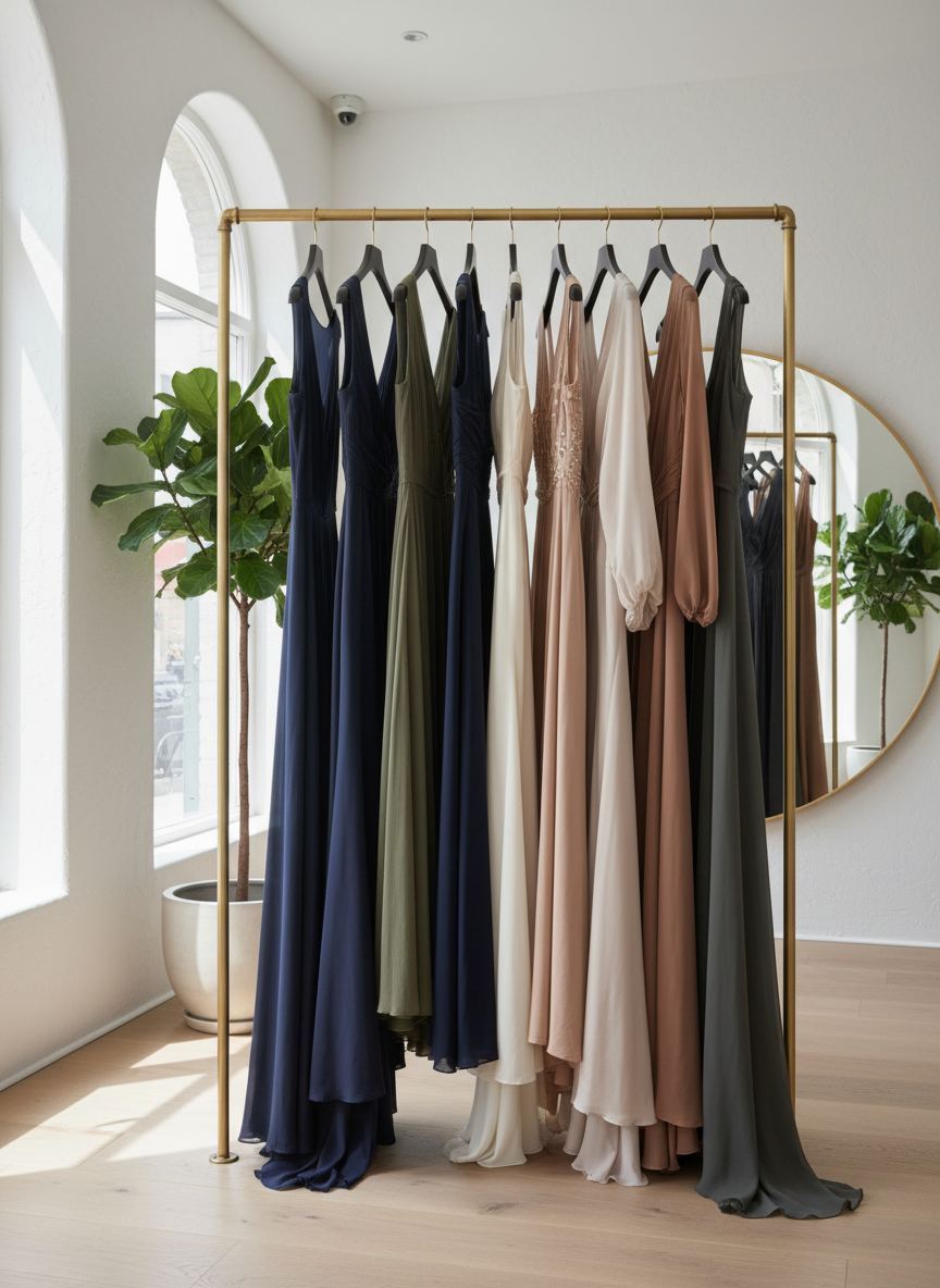 A rail of elegant dresses in a boutique