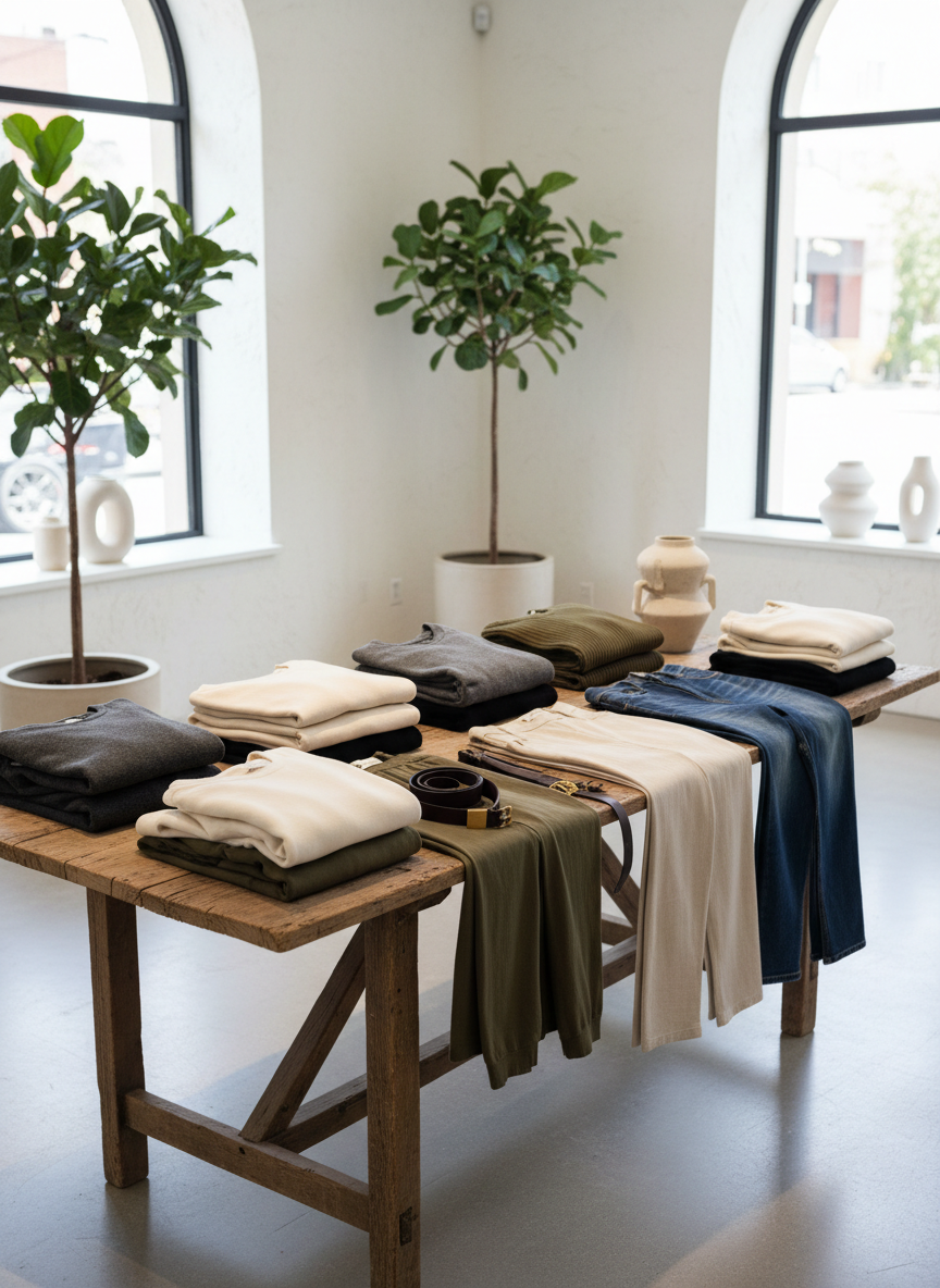 Casual wear neatly styled on a boutique display table