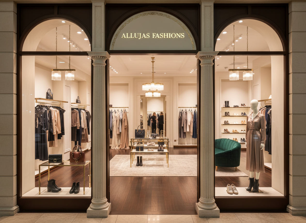 A realistic, elegant Allujas Fashions boutique interior and storefront entrance, refined luxury retail atmosphere with clothing racks and displays featuring fashion, shoes, handbags, and accessories, warm sophisticated lighting, tasteful neutral and rich fashion tones, inviting open entrance, no unrelated brand names or readable signage, no duplicate people, polished editorial retail photography style.